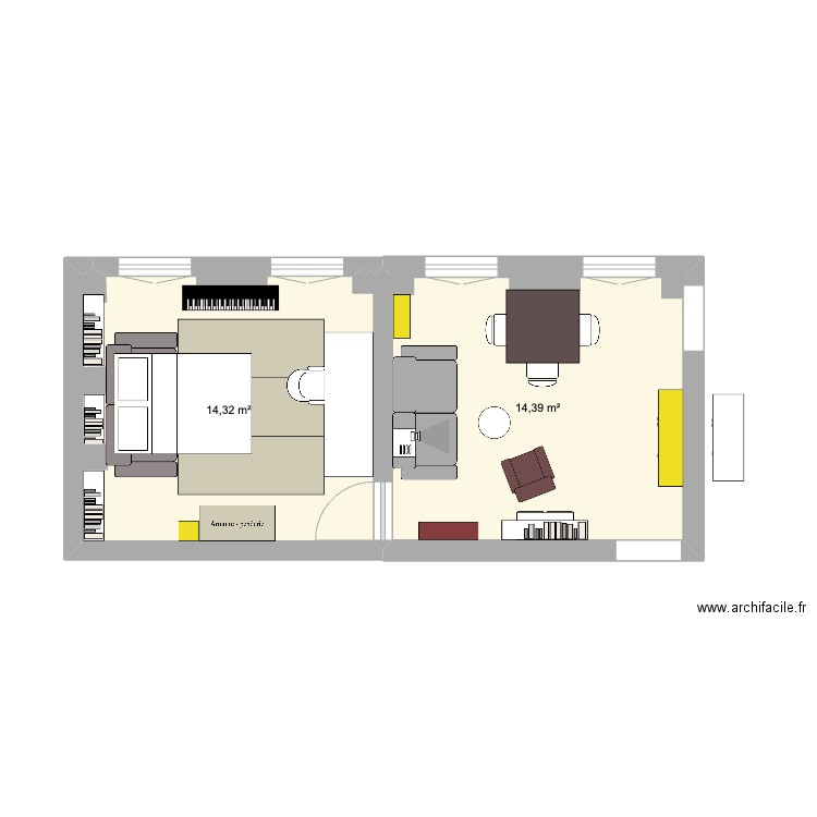 Chambre 10e. Plan de 2 pièces et 29 m2