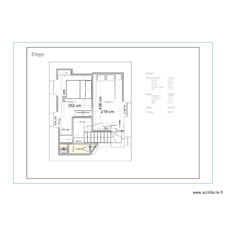 Renovation étage Granville 4. Plan de 3 pièces et 2 m2