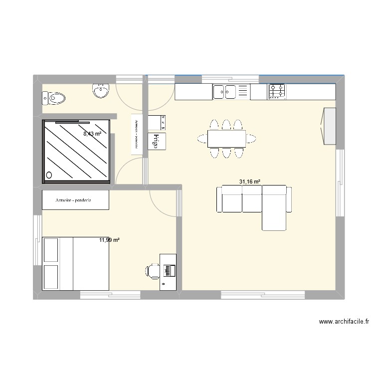 vaihere 1. Plan de 3 pièces et 52 m2