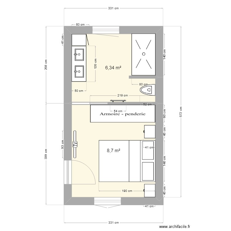 SDB. Plan de 2 pièces et 15 m2