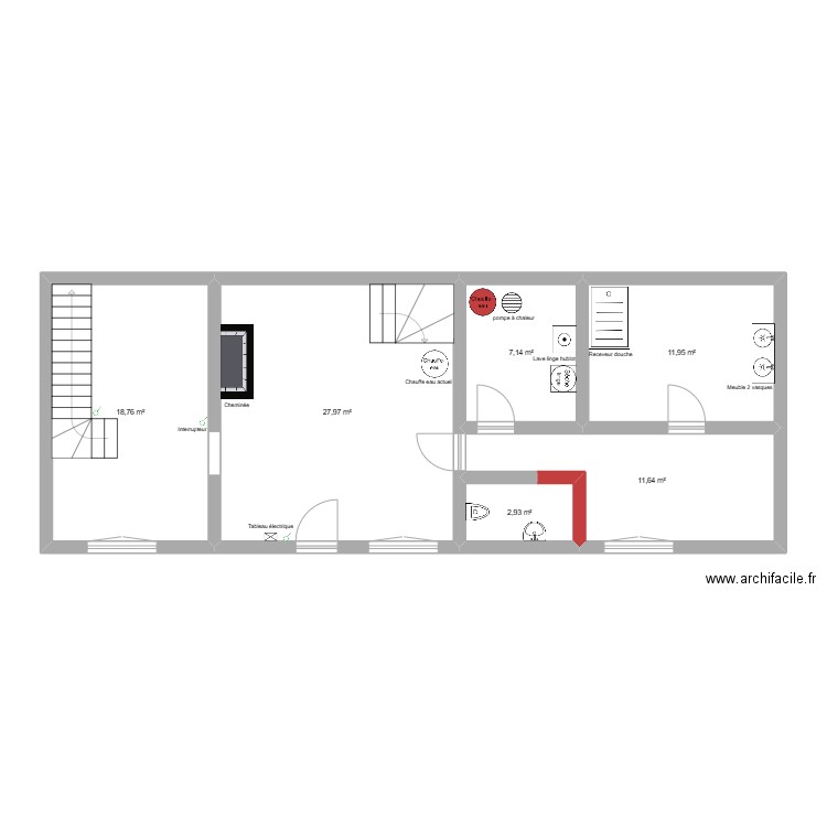 Rez de chaussé. Plan de 6 pièces et 80 m2