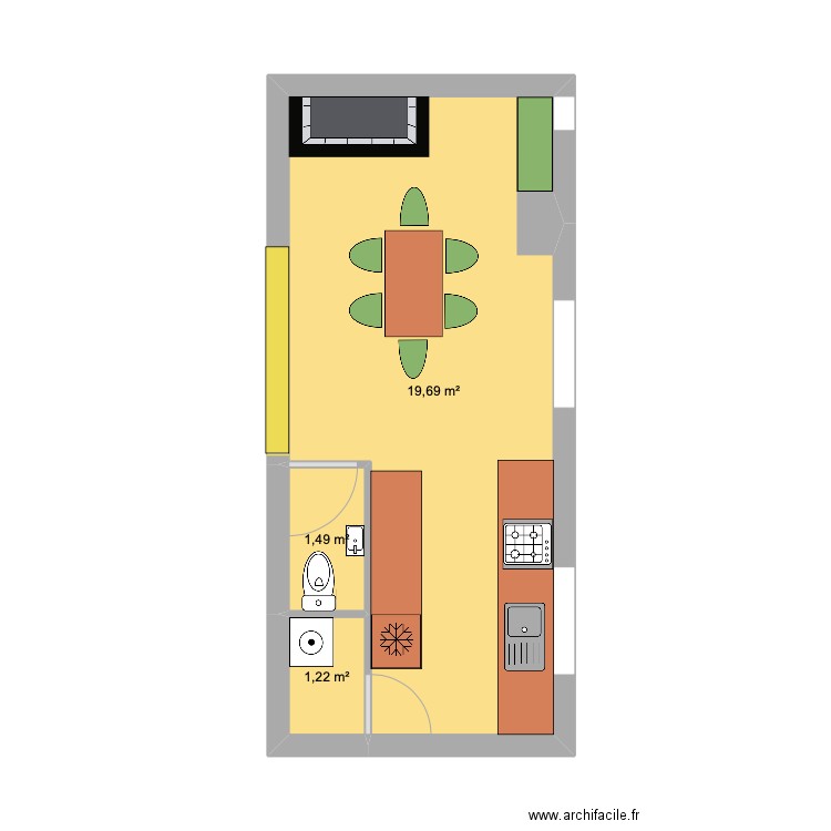 RDC cuisine Casa Aqui version 2. Plan de 3 pièces et 22 m2