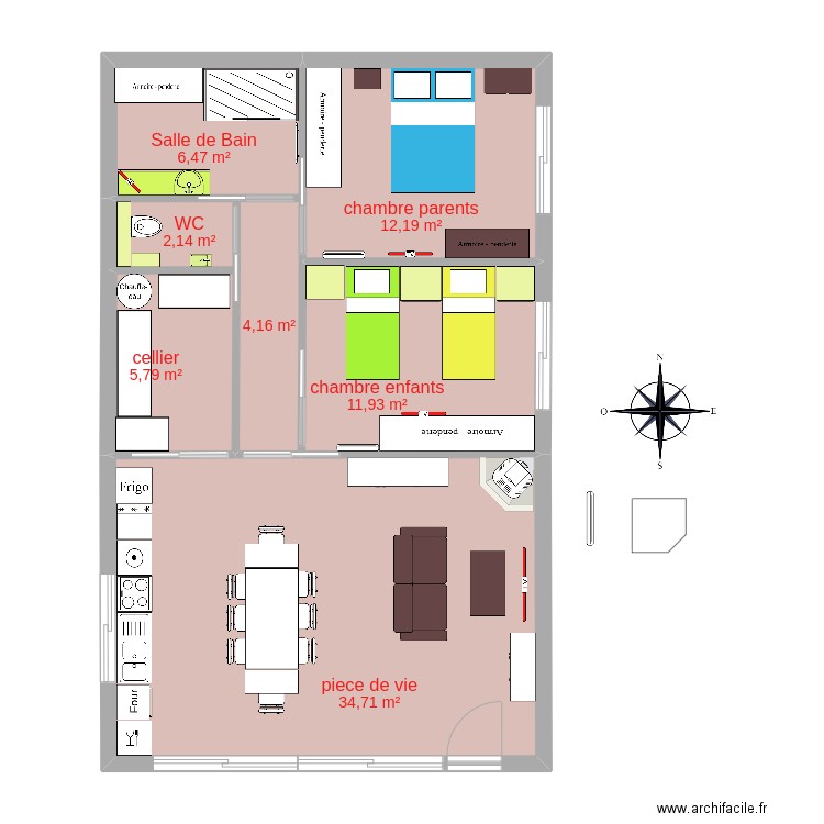 tout en long. Plan de 7 pièces et 77 m2