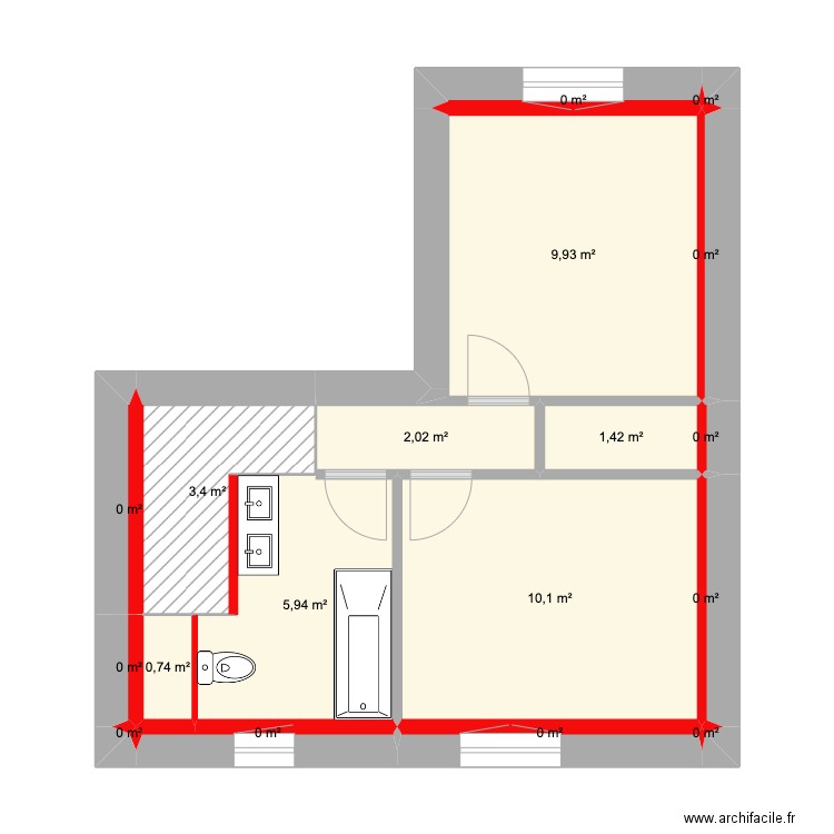 Etage après PC. Plan de 18 pièces et 34 m2