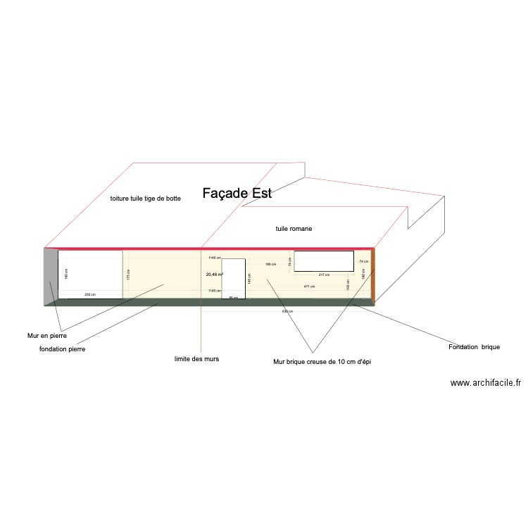 Façade Est. Plan de 1 pièce et 20 m2