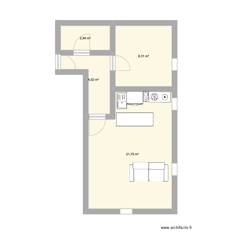 gui. Plan de 4 pièces et 37 m2