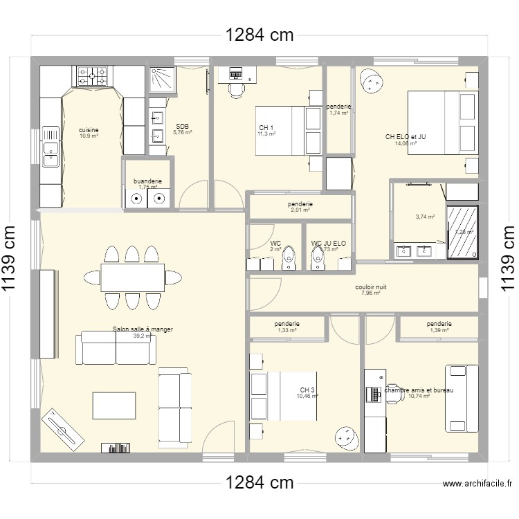 maison Ju et Elo. Plan de 17 pièces et 127 m2