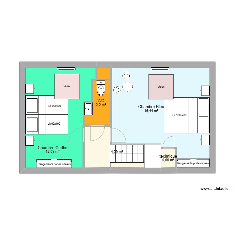 Etage Glycine avec meubles et lits rapprochés avec toilette 03 03 2023. Plan de 5 pièces et 36 m2