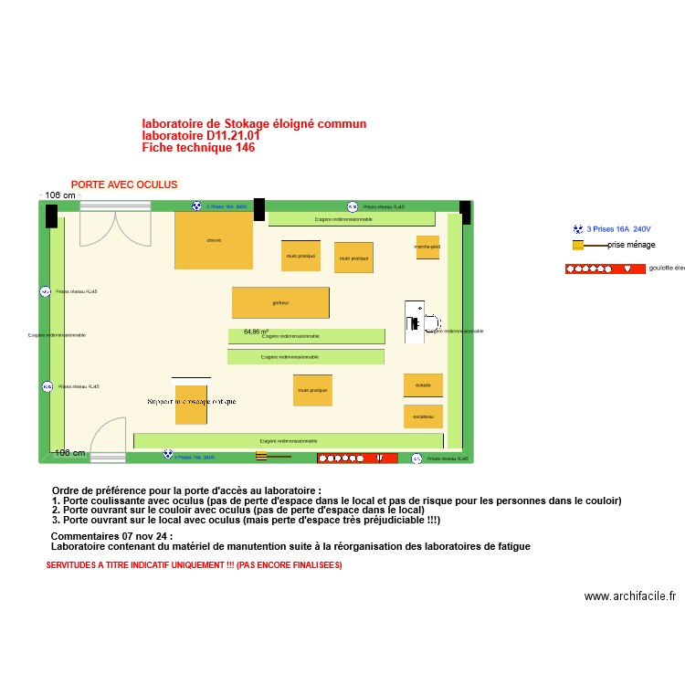 Fiche 146_laboratoire stockage éloigné v6 version avec matériel manutention 6 fevrier 2025. Plan de 1 pièce et 65 m2