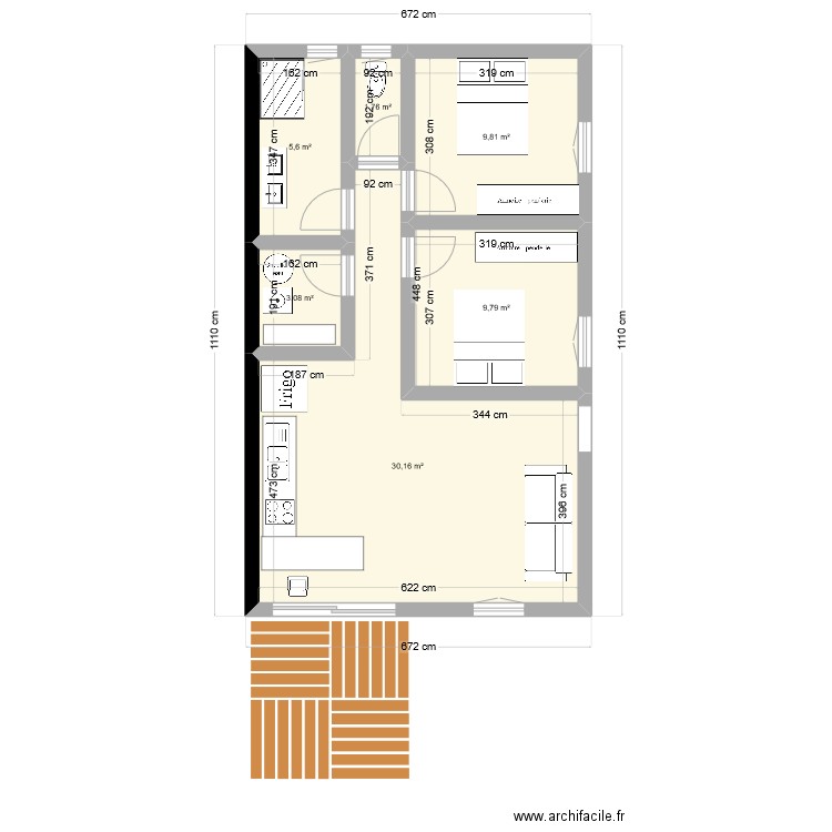 2 ch. Plan de 6 pièces et 60 m2