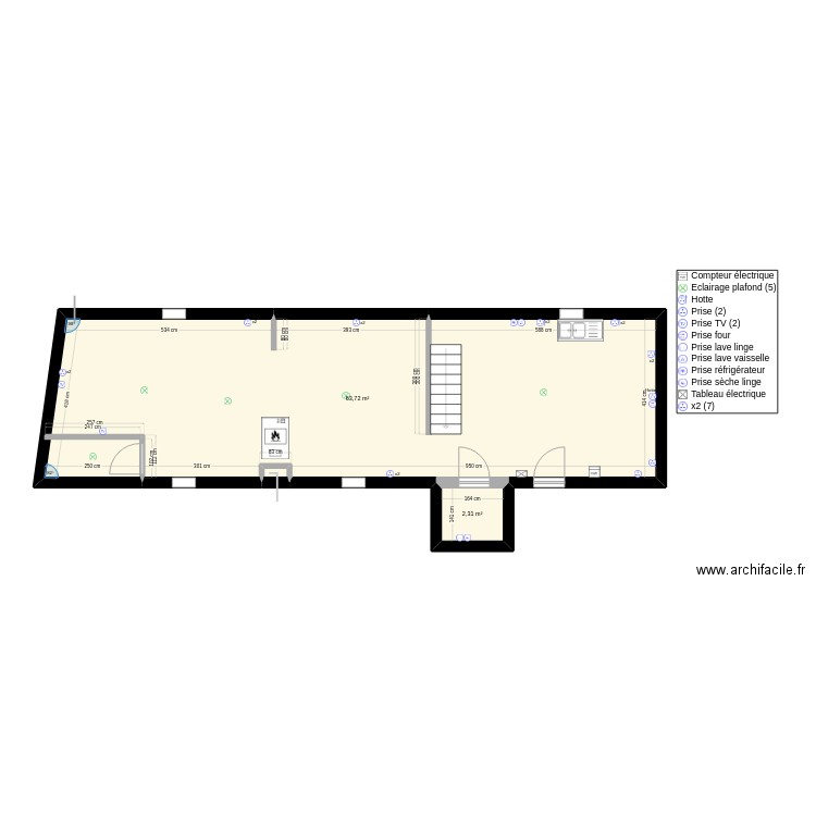 rdc. Plan de 3 pièces et 66 m2