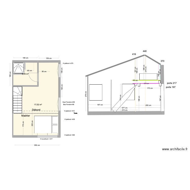 studio V2 Mezzanine hauteur. Plan de 2 pièces et 21 m2