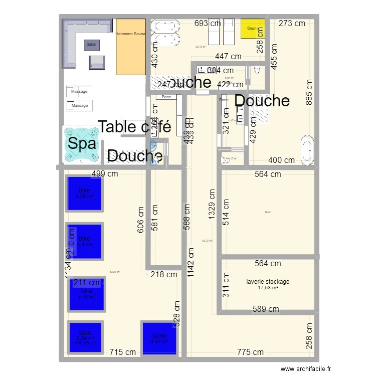 Spa. Plan de 15 pièces et 262 m2