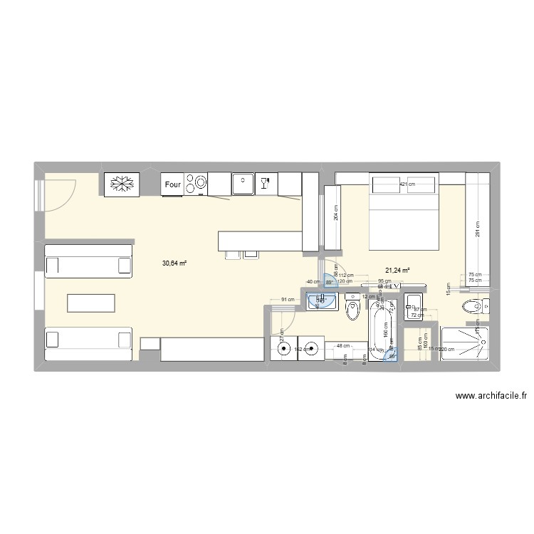 2-HO. Plan de 2 pièces et 52 m2