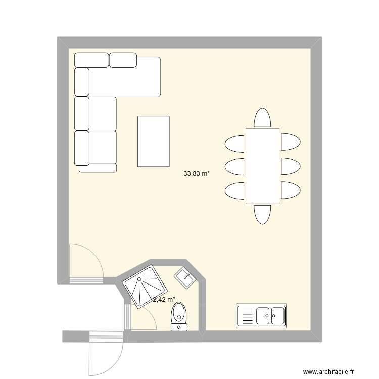 piece commune - variante. Plan de 2 pièces et 36 m2