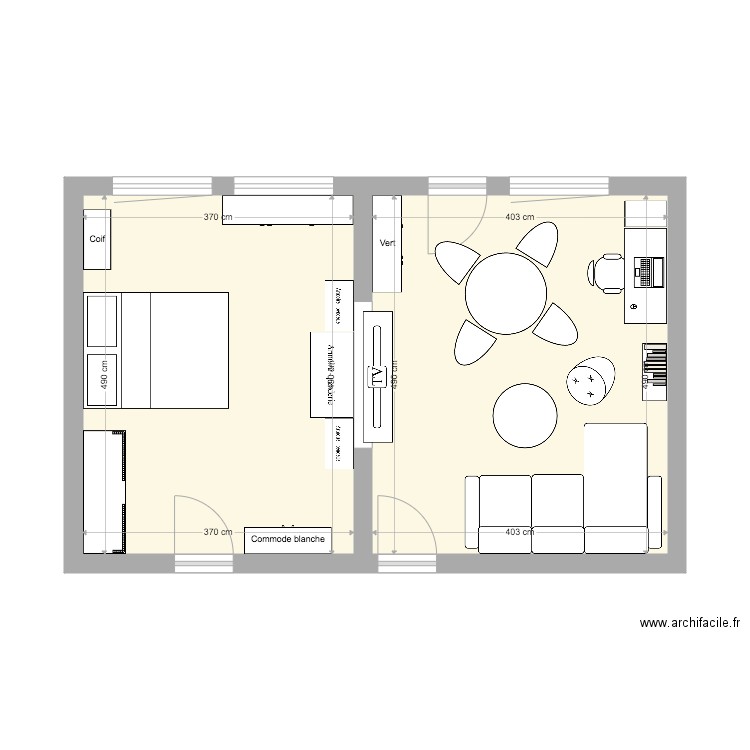 Réangancement Salon/Chambre. Plan de 2 pièces et 38 m2