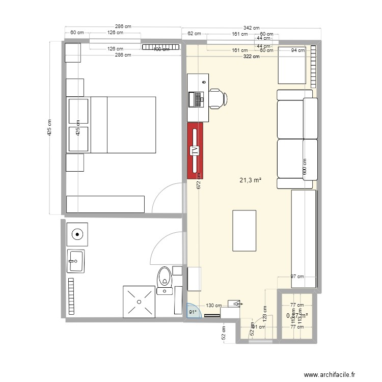 Appartement F2 prestige. Plan de 2 pièces et 22 m2