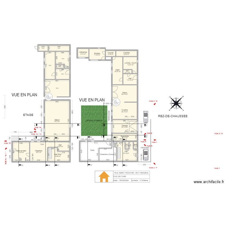 V.RADOUX - VUE EN PLAN - REZ- 1/100 - V2.10. Plan de 28 pièces et 445 m2