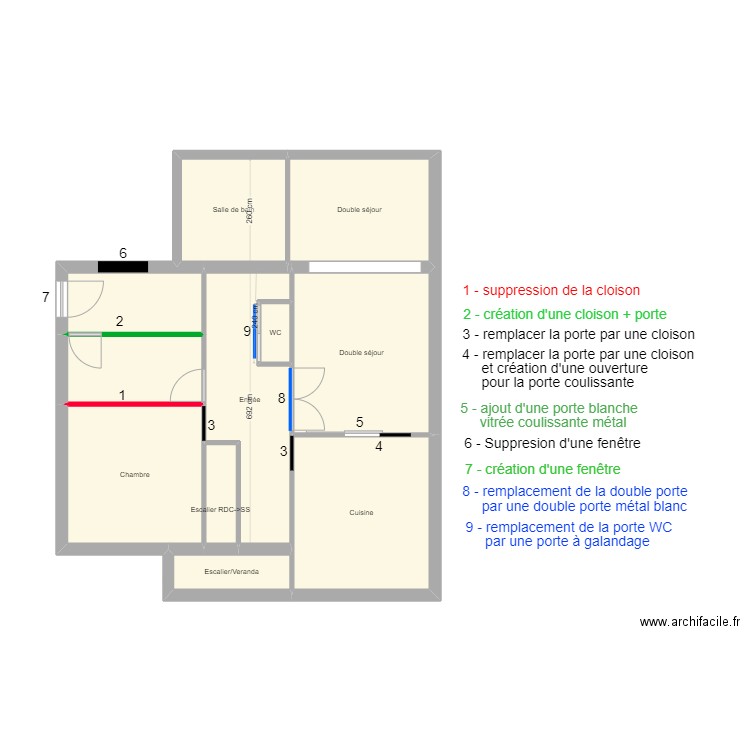 RDC-menuiseries cloisons. Plan de 11 pièces et 81 m2