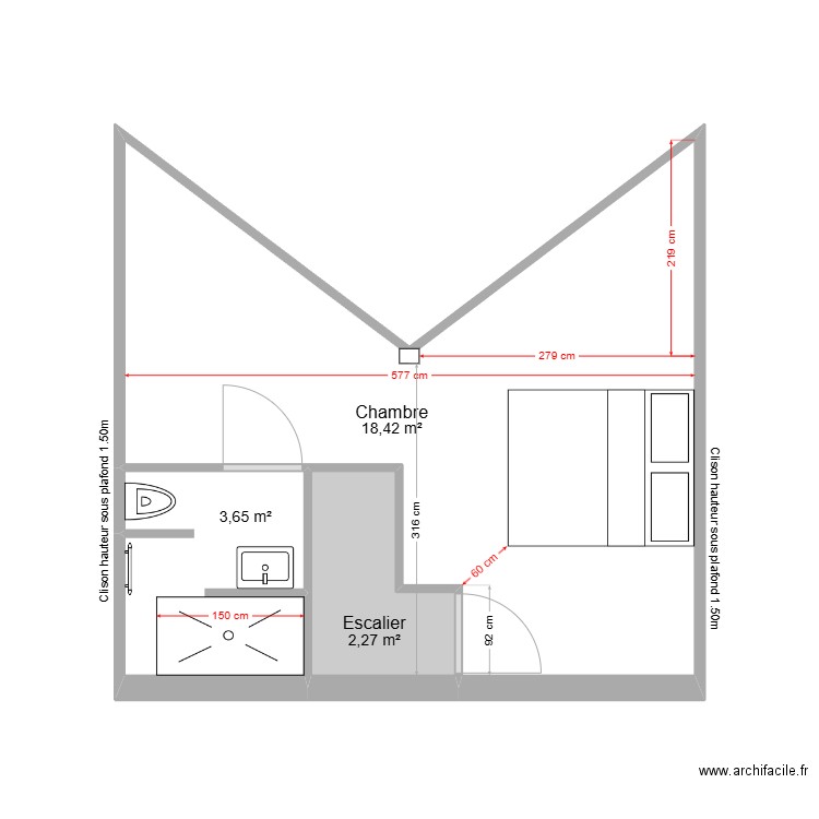 Projet 4 - Etage - Maison 60 Saint Louis. Plan de 3 pièces et 24 m2