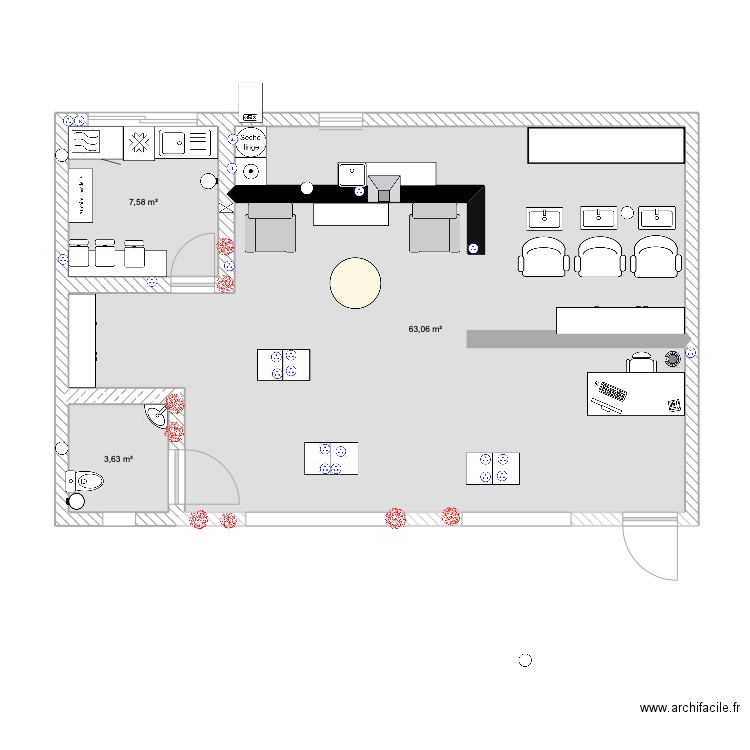 salon de coiffure. Plan de 3 pièces et 74 m2