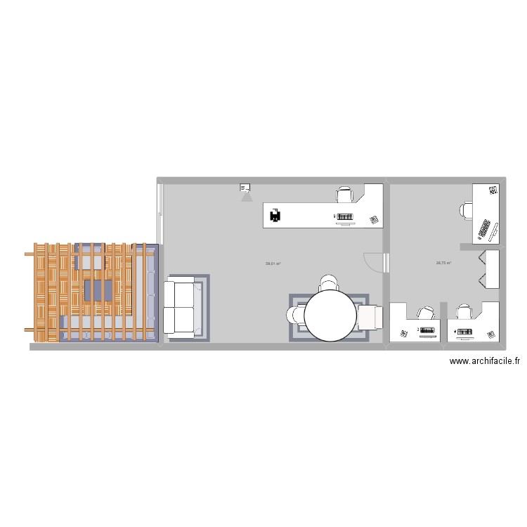 projet agence. Plan de 2 pièces et 88 m2