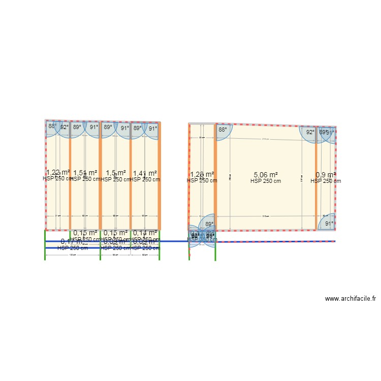 extension. Plan de 11 pièces et 13 m2