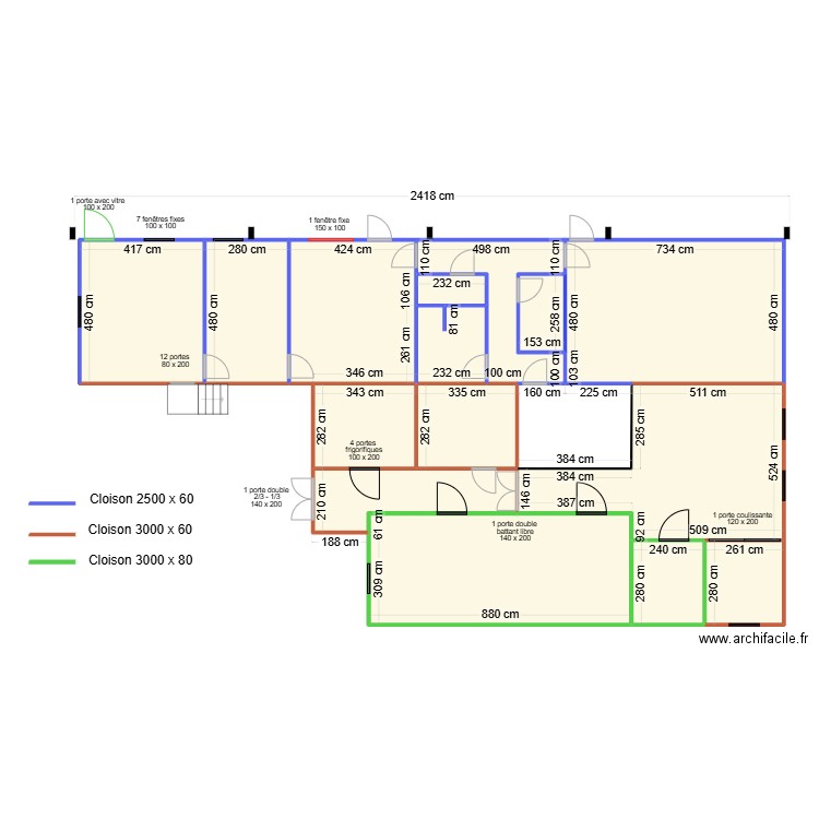 ouvertures cotés définitifs. Plan de 16 pièces et 232 m2