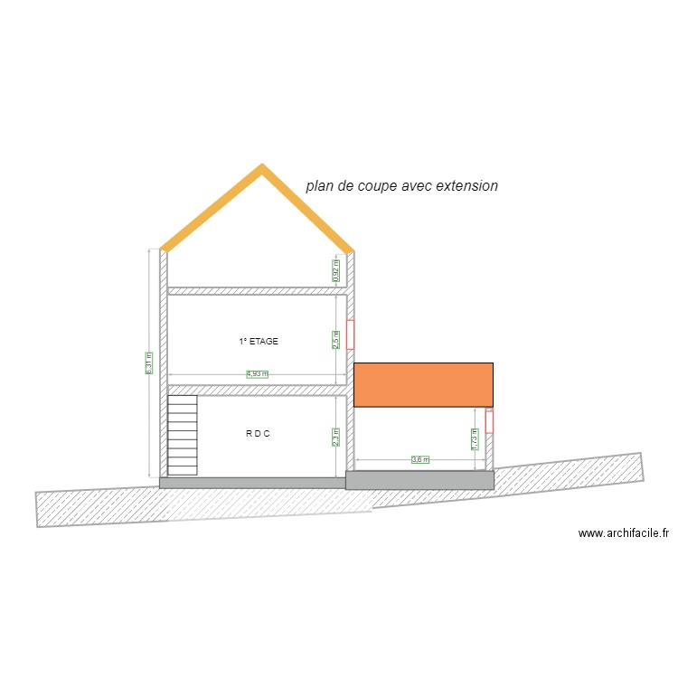 plan de coupe plus extension. Plan de 0 pièce et 0 m2