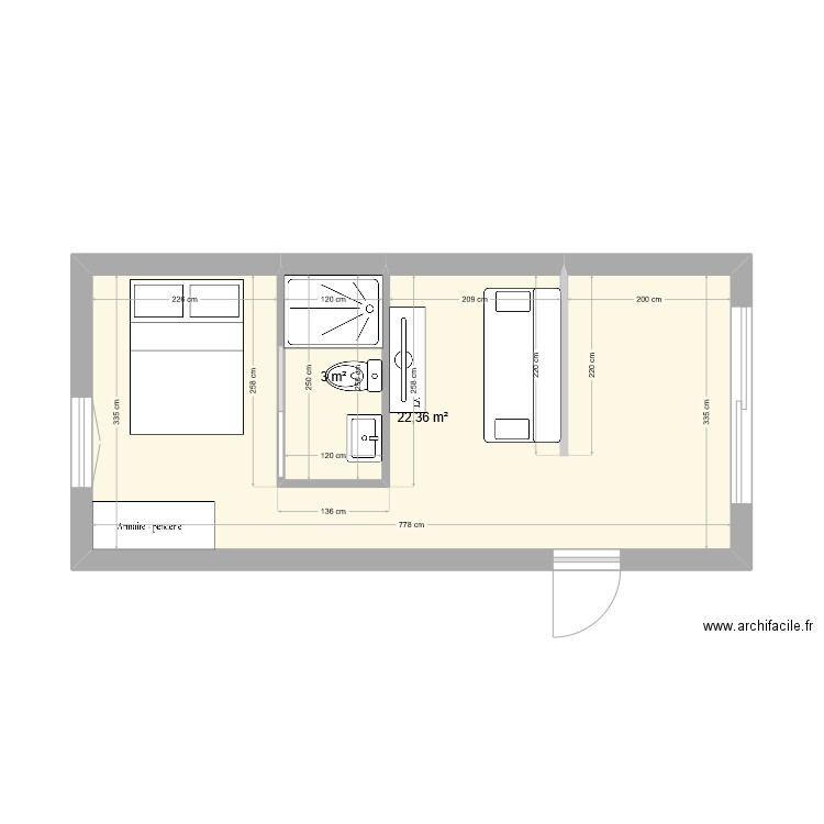 Studio. Plan de 2 pièces et 25 m2