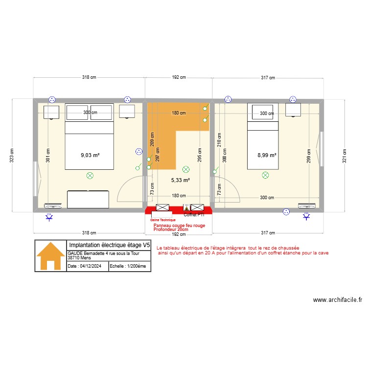  Implantation électrique étage V5. Plan de 3 pièces et 23 m2