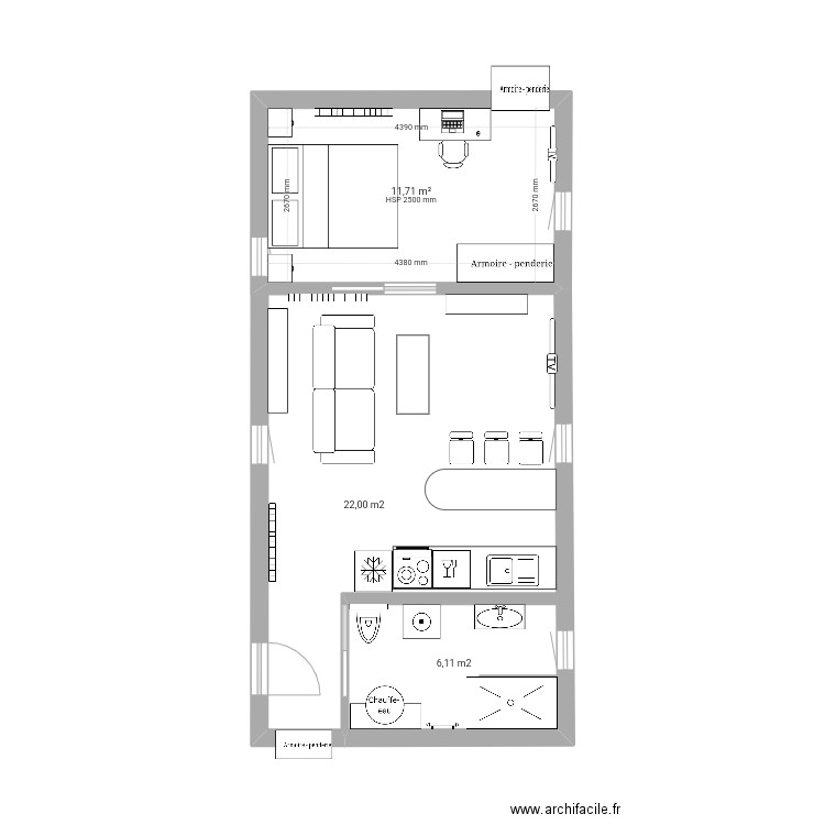 Appart Joc Régordane. Plan de 1 pièce et 12 m2