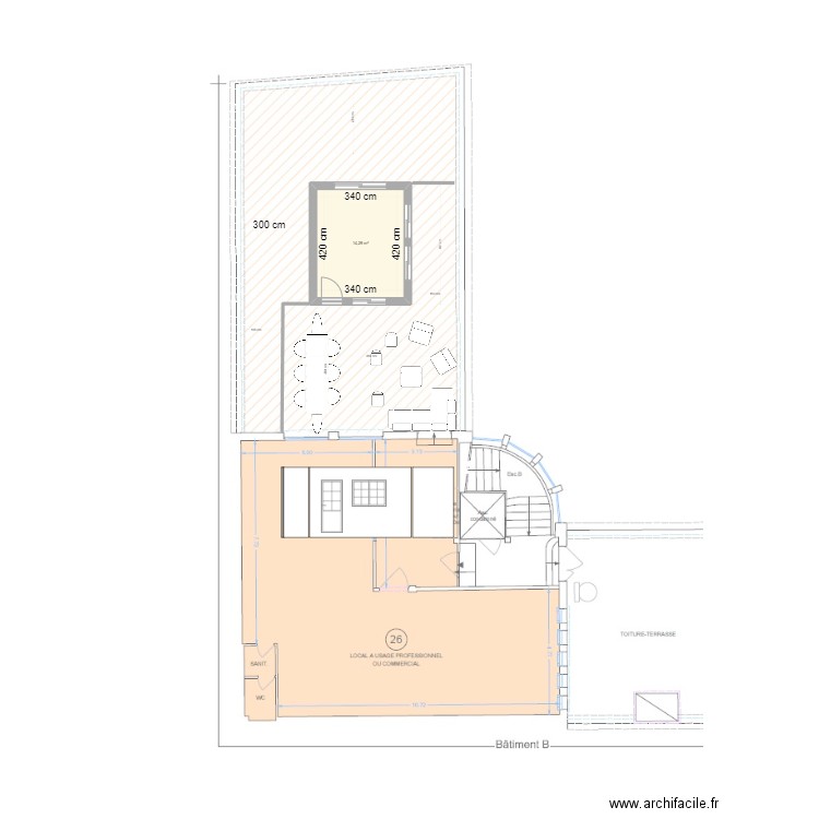 Terrasse exterieure. Plan de 1 pièce et 14 m2