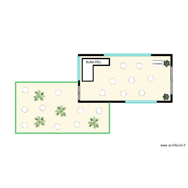 Restaurant. Plan de 3 pièces et 35 m2