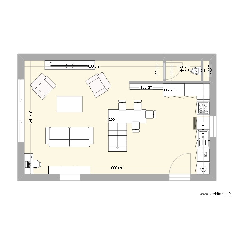 OLI SALON CUISINE. Plan de 3 pièces et 47 m2