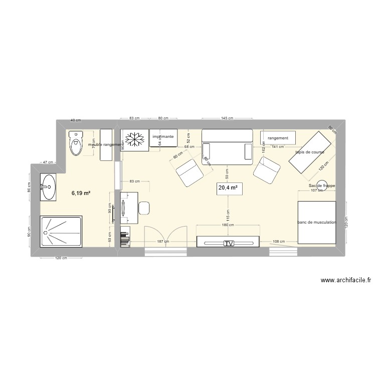 salle. Plan de 2 pièces et 27 m2