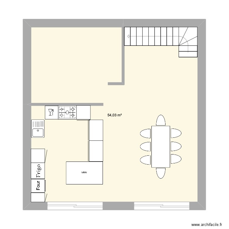 Cuisine V2. Plan de 1 pièce et 54 m2