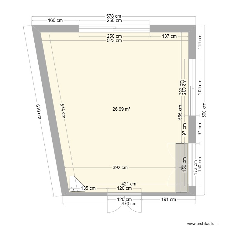 extension 2   6m de long. Plan de 1 pièce et 27 m2