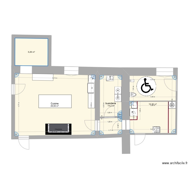 aménagement cuisine. Plan de 4 pièces et 57 m2