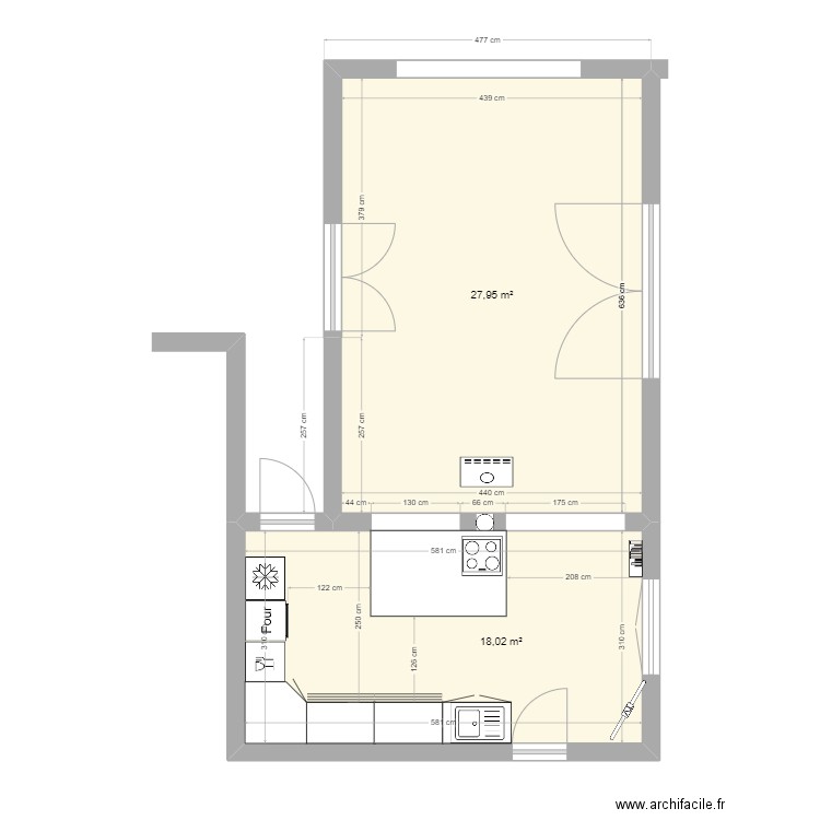 Cuisine travaux 2. Plan de 2 pièces et 46 m2