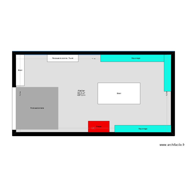 atelier. Plan de 1 pièce et 61 m2