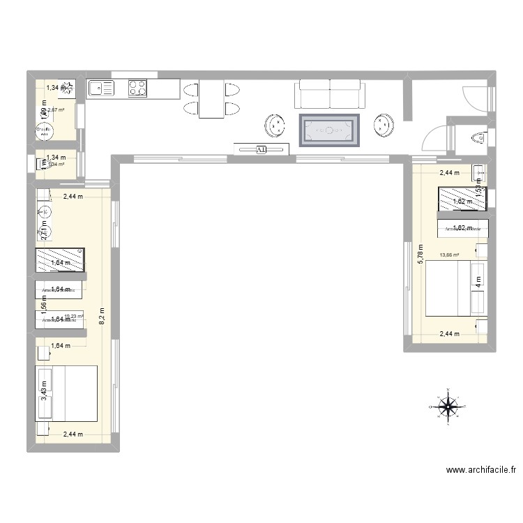 Maison containers. Plan de 4 pièces et 37 m2