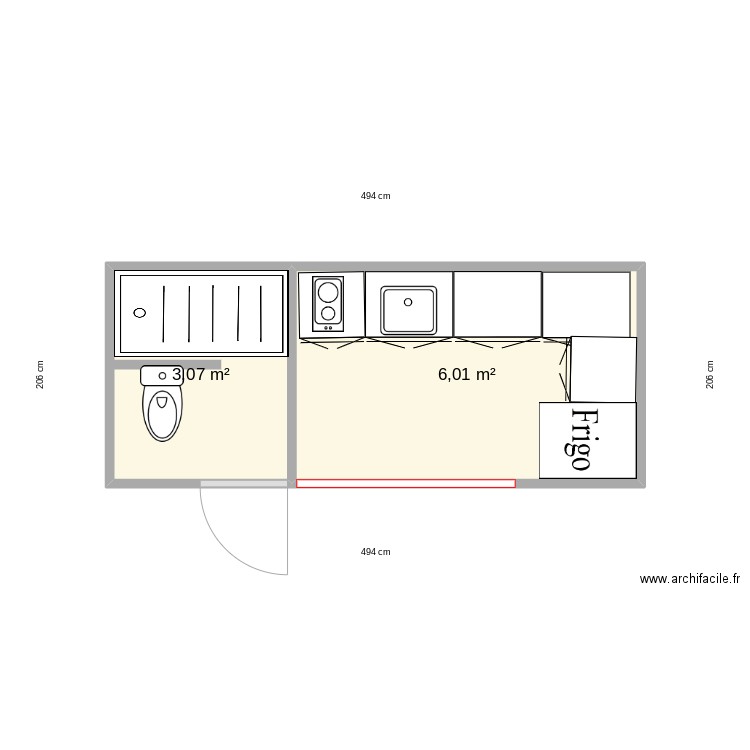 cuisine ex. Plan de 2 pièces et 9 m2