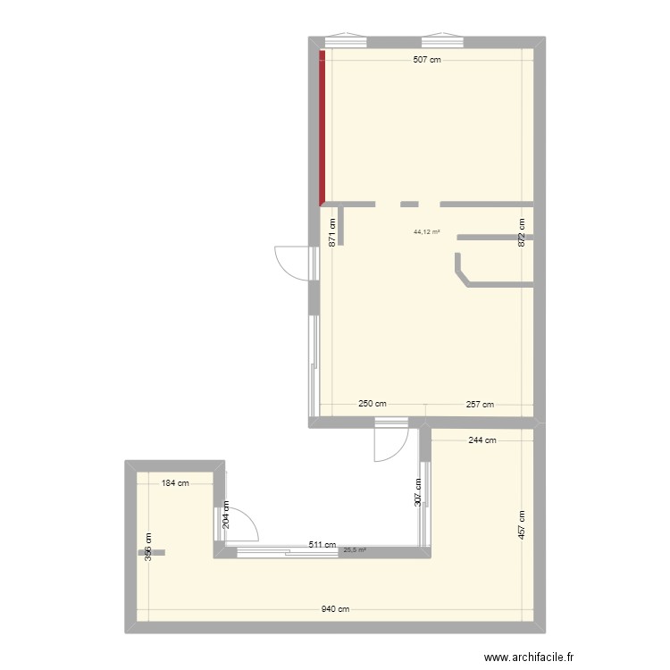 Champ1. Plan de 2 pièces et 70 m2