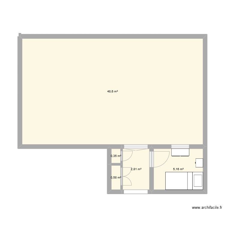 Transformation cuisine en chambre. Plan de 5 pièces et 58 m2