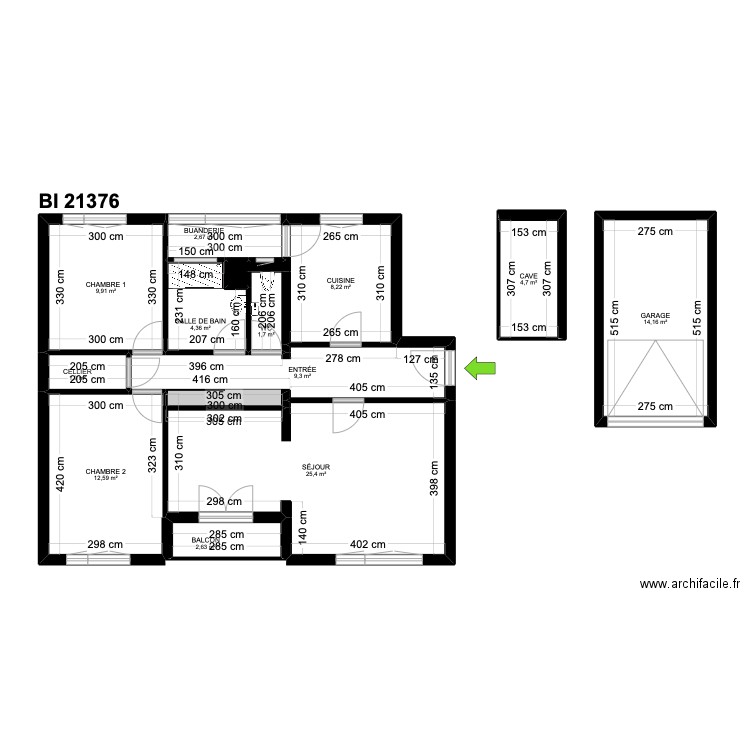 BI 21376. Plan de 14 pièces et 98 m2