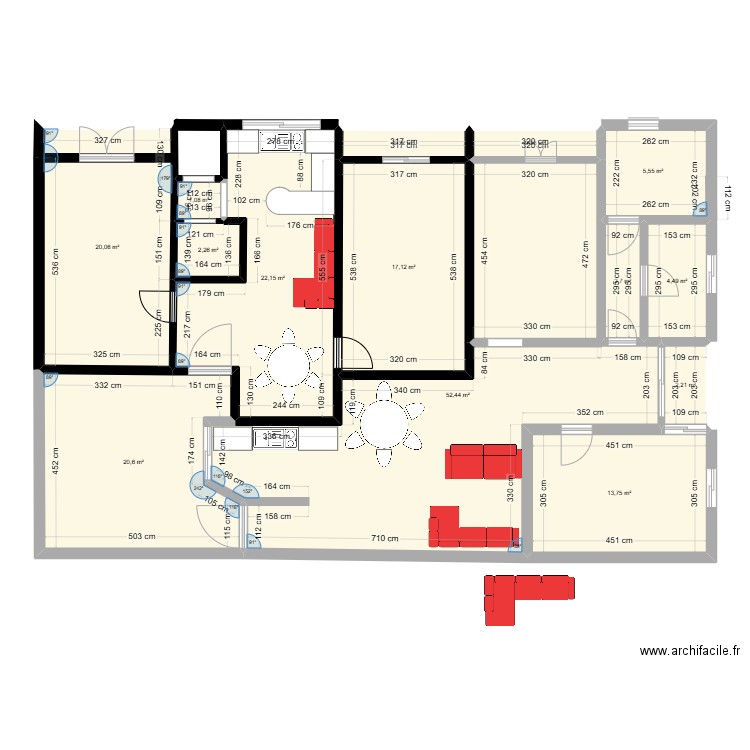 salah. Plan de 14 pièces et 169 m2