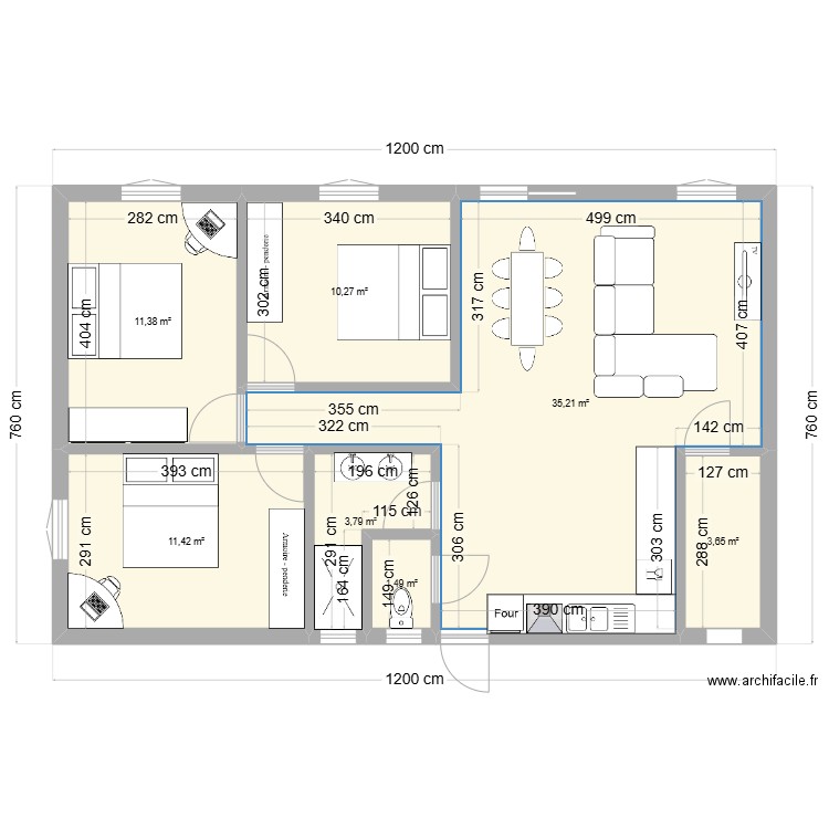 projet location. Plan de 7 pièces et 77 m2