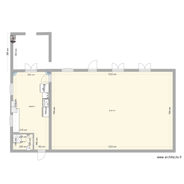 extension. Plan de 3 pièces et 126 m2