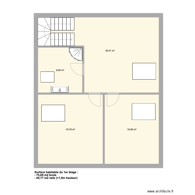 1er étage de Riva. Plan de 4 pièces et 76 m2